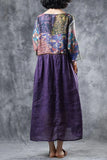 Cotton Linen Dress for Women Purple Half Sleeve V Neck Pattern Print Vintage Casual Pleated A-Line Patchwork Summer Midi Dress