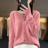 greatnfb Women 100% Merino Wool Sweater New Round Collar Solid Color Knitted Cardigan Autumn Winter Casual Soft Jacket Bottoming Slim Top