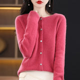 greatnfb Women 100% Merino Wool Sweater New Round Collar Solid Color Knitted Cardigan Autumn Winter Casual Soft Jacket Bottoming Slim Top