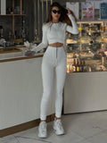 Articat Autumn/Winter Long sleeved Pants Tight Zipper Two Piece Crop top Women Elastic Casual Fashion Set Female Street Clothing