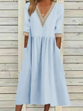 2024 Spring Cotton Linen Oversize Women's Long Dress White V-neck Lace Loose A-line Dresses Female Casual Trendy Ladies Clothes