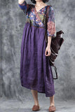 Cotton Linen Dress for Women Purple Half Sleeve V Neck Pattern Print Vintage Casual Pleated A-Line Patchwork Summer Midi Dress