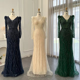 Sharon Said Navy Blue Mermaid Evening Dress for Women Wedding Elegant Emerald Green Long Sleeves Arabic Formal Party Gowns SS099