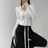 Rimocy Women's V Neck Cropped Cardigan Korean Stye Single Breasted Knit Crop Top Women Solid Color Long Sleeve Cardigans Female