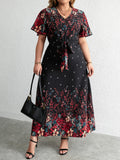 Plus Size Casual Dress Woman 2023 Summer V Neck Short Sleeve Floral Print Long Dress Black Curvy Size Women Clothing