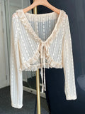 greatnfb  Summer Apricot Lace Belt Women Cardigan Korean Fashion V-neck Long Sleeve Cropped Tops Sweet Slim Thin Sunscreen Jacket Female