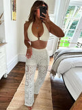 Elegant Lace Hollow Out Pants Sets For Women Sexy Long Sleeves Button Cardigan New In Matching Sets Female Chic Beach Outfits