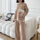 Elegant O-neck Long Sleeve Side Slit Pullover Sweater+wide Leg Pants 2 Piece Sets Womens Autumn Solid Color Casual Sweatshirts