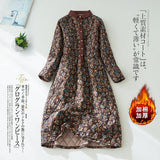 Cotton-padded Dresses Korean Style Women Winter Warm Outwear Thickened Cotton Linen Floral Printed Dress