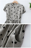 Cotton and Linen Dot V-neck Short-sleeved dress Women's 2024 Summer New Korean Style Loose plus size Elegant Casual dress