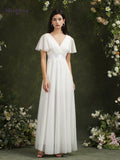 Simple Ivory Bridesmaid Dresses Women 2023 A-Line Puffer Short Sleeve V-Neck Pleat Tulle Open Back Wedding Party Gowns with Belt