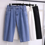 155Kg Plus Size Women Hip 150 Summer Loose Denim Capris High Waisted Straight Stretch Wide Leg Pants 4XL 5XL 6XL 7XL 8XL 9XL