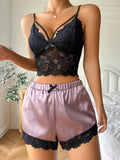 greatnfb Women's Pajamas Set Sexy Transparent  Black Lace Tight Tank Top + Silk Shorts 2pcs Nightwear Summer Home Clothes