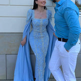 Sharon Said Luxury Dubai Sky Blue Mermaid Muslim Evening Dresses with Cape Sleeves Arabic Women Lilac Wedding Party Gowns SS365