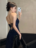 greatnfb Women's Backless V-Neck Split Maxi Dress Sexy Slim Evening Gown Luxury Dresses Fashion Robe Birthday Party Spring Autumn New