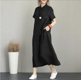 greatnfb платье с декольте юбка женская Women Cotton Linen Pocket Dress Korean O-Neck Short Sleeve Loose Solid Midi Shirt Dresses