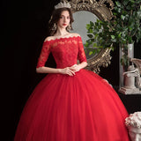 Red Wedding Dresses Elegant Boat Neck Vestido De Noiva Classic Lace Ball Gown Off The Plus Size Robe De Mariee 2023