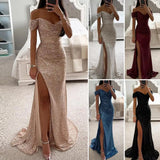 Elegant Off-shoulder Gown Dress Solid Color Long Sleeve Sequin V-neck Maxi Dress for Evening Party 2024 Fashion Female Vestidos