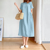 greatnfb  Summer Cotton Linen Dresses Women Casual Loose Short Sleeve Solid Midi Dress Elegant Daily Pockets Oversize A-Line Vestidos