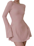 Solid Color Ribbed Knit Sweater Dress with A-Line Swing Silhouette - Casual Long Sleeve Crewneck Bodycon Short Dress