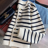 Korean Fashion Sweater Cardigan White Black Striped Knitted Sweater Women 2023 Winter Short Single-breasted Long Sleeve Tops Fem