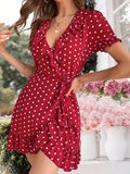 greatnfb Women Summer Polka Dot Printed Mini Dresses Casual V Neck Short Sleeve Dresses Ladies Elegant A Line Party Dress