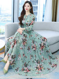 Blue Floral Vintage Chiffon Long Sleeve Dress Spring Autumn 2023 Womens Fashion Prom Maxi O-Neck Bodycon Evening Midi Dresses