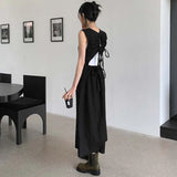 greatnfb  Summer Drawstring Open Back Cotton Linen Black Sleeveless Dress Women Vest Maxi Sexy Casual Vestido De Mujer Lace Up