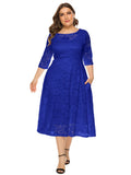 Plus Size Contrast Lace Half Sleeve Semi Sheer Midi Prom Party Wedding Evening Dress For Women