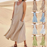 Vacation camisole sleeveless vest dress for women's summer design, niche, loose cotton linen and solid color beach long dress