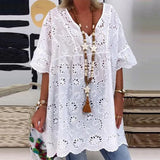 greatnfb Women Mini Dress Fashion V-Neck Hollow Out Embroidery Pattern Short Sleeves White Color Ruffle Dress Summer Casual Loose Cover-u