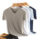 M-5XL Men Summer Ice Silk Shirt Short Sleeves Seamless V Neck Top Solid Color Ultra-thin Cool Sport T-shirt Undershirt Plus Size