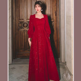 greatnfb Women Evening Dresses Long Sleeve Elegant Square Collar Red Prom Party Dress Long A-line Wedding Guest Evening Dress Graduation