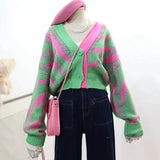 greatnfb Women Color Block Green Crop  Cardigan High Street Long Sleeve Knit Top 2024 Autumn Winter New in Korean Dongdaemun Fashion