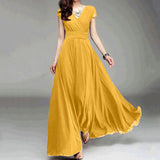 Elegant Maxi Dresses For Women Summer V-Neck Solid Color Short Sleeve Chiffon Waist Closing Evening Party Long Dress