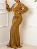 Elegant Evening Dresses Long Patry Gown Sexy Deep V Long Sleeve Mermaid Bodycon Split Maxi Robe Femme