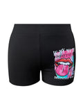 LW Plus Size Lip Letter Print High Waist Black Shorts Women Summer Streetwear Style Outfits Stretch Workout Gym Shorts