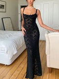 Elegant Lace See Through Maxi Dress Women Summer Sexy Spaghetti Straps Bodycon Wedding Party Dresses  Black Split Long Dress