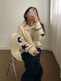 Leisure Lazy Wind Autumn Winter Sweater Contrast Lapel Loose Version The Star Moon Pattern Printed Sweater Cardigan Padded Coat