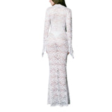 greatnfb Women Long Fitted Dress Long Sleeve V Neck See-though Evening Dress Lace Floral Party Dress