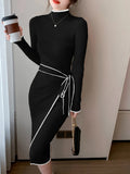 greatnfb Women Knitted Dress New Autumn Winter Slim Lace-Up Long Sleeve Bottoming Sweater Skirt Elegant Fashion Office Female Vestidos