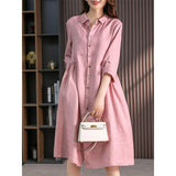 greatnfb  Spring Summer Korean Fashion Cotton Linen Shirt Dress Lady Half Sleeve Loose Casual Robe Femme Buttons Vestidos Women's Clothing