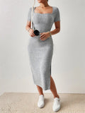 greatnfb  Summer Dresses for Women square neck hip-covering mid-length skirt short-sleeved versatile knitted slit dress