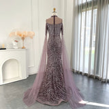 Sharon Said Sage Green Mermaid Luxury Dubai Evening Dress with Cape Sleeves Elegant Women Purple Wedding Formal Party Gown SS205