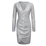 greatnfb Women Sexy Dress Sequins V-Neck Sexy Long Sleeve Self Cultivation Dress Slim Elegant Glitter Sheer Mesh V-Neck Bodycon Dress