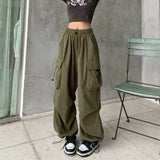 Women Casual Baggy Cargo Pants Solid Low Waist Joggers Tech Pants Drawstring Wide Leg Baggy Trousers Y2K Streetwear Sweatpants