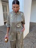 Fashion Casual Sequinned Shirt Suit For Women Chic Lapel Long Sleeves Top Elastic Waist Long Pants Set Spring Lady Elegant Suits