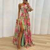 Formal Evening Gown with Slits Floral Print Evening Dress Elegant One Shoulder Floral Print Maxi Dress for Women for Party