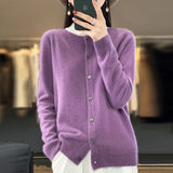 greatnfb Women 100% Pure Merino Wool Knitted Sweater Spring Autumn O-Neck First Line Seamless Top Cardigan Long Sleeve Cashmere Knitwear