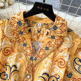 greatnfb  Summer Vintage Notched Collar Runway Linen Dress Women Short Sleeve Single Breasted Floral Print Belt A-Line Maxi Vestidos 6388
